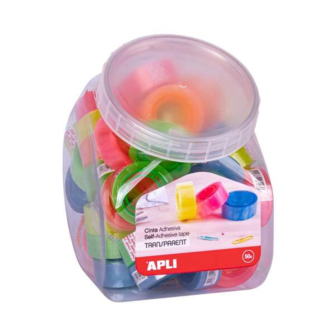 Apli Expositor con 50 Cintas Adhesivas Transparentes 19mmx20m - Fuerte Adhesion - Colores de Mandriles Surtidos 1