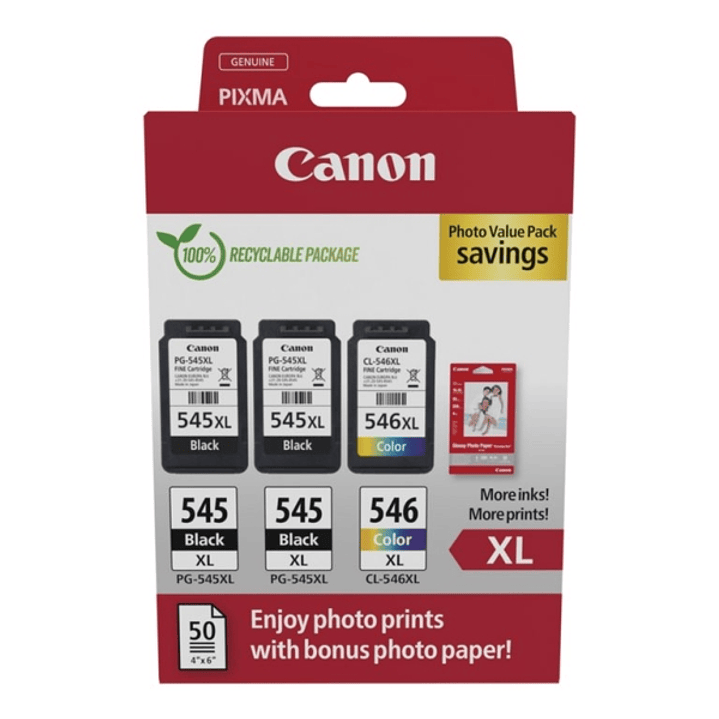 Canon PG545XL Negro + CL546XL Color Pack de 3 Cartuchos de Tinta Originales + 50 Hojas de Papel Fotografico - 8286B015 1