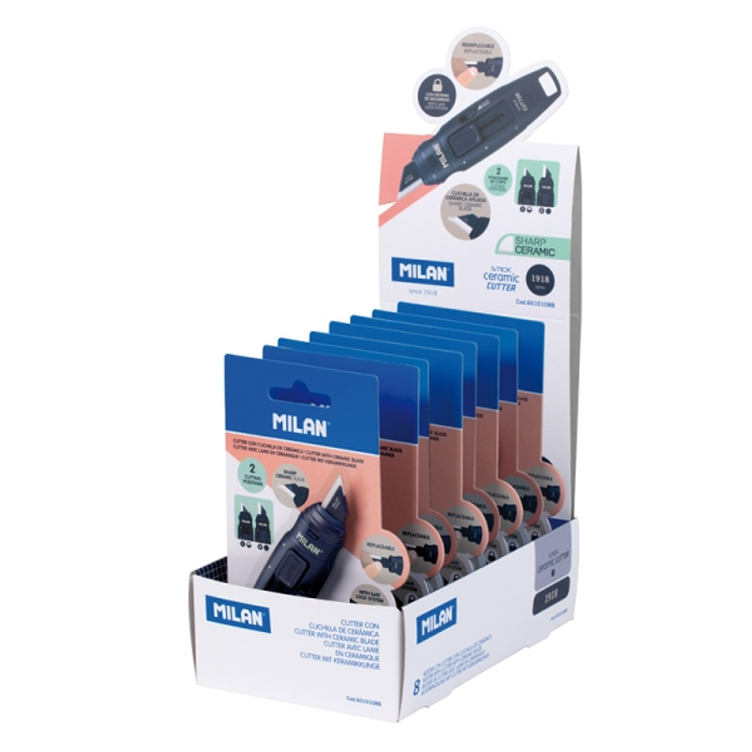 Milan Stick 1918 Expositor con 8 Blisters de Cuters - Hoja Ceramica Reemplazable - Bloqueo de Seguridad - Ergonomico - Color Azul 1