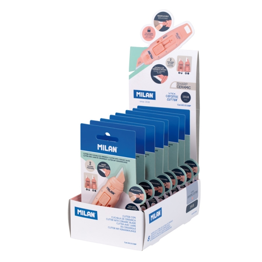 Milan Stick 1918 Expositor con 8 Blisters de Cuters - Hoja Ceramica Reemplazable - Bloqueo de Seguridad - Ergonomico - Color Rosa 1