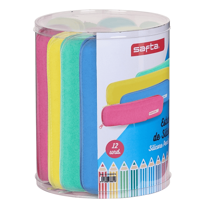 Safta Silicone Glitter Pack de 12 Estuches Planos - Caja Cilindrica de PVC Transparente - Silicona con Purpurina - Flexible - Facil de Limpiar - 170x2 1