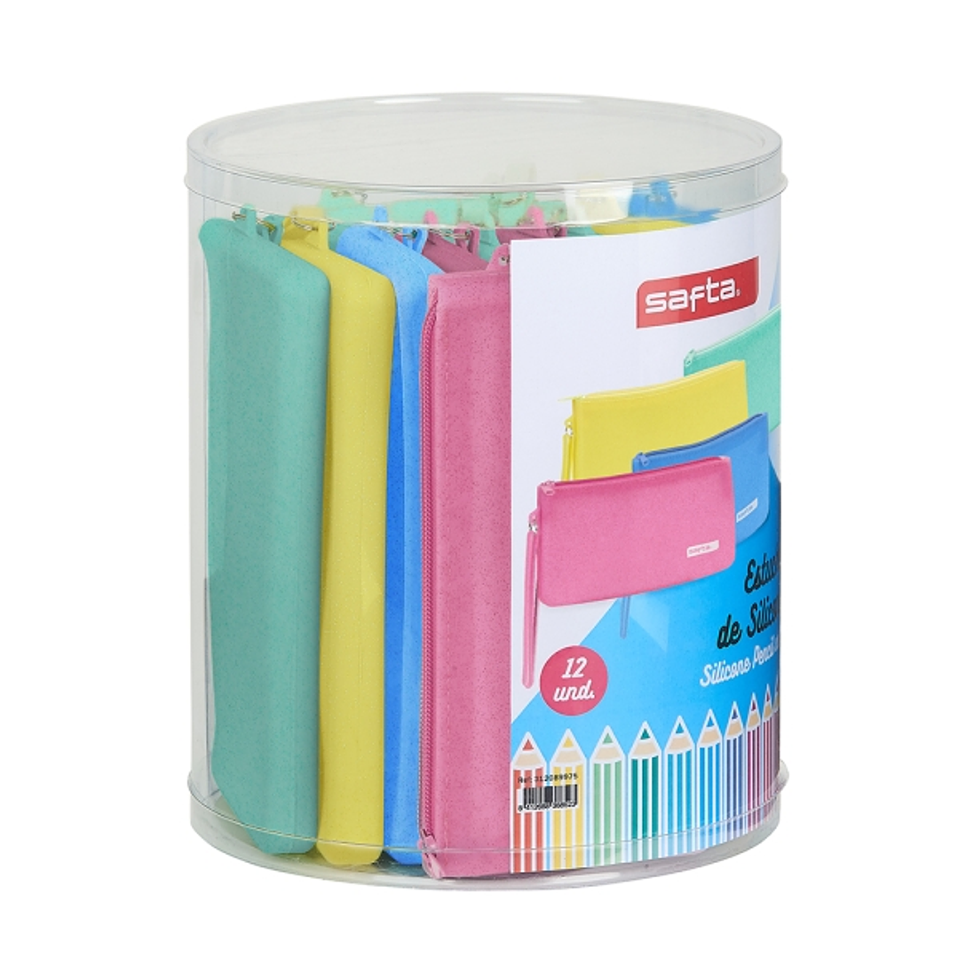 Safta Silicone Glitter Pack de 12 Estuches Planos - Silicona con Purpurina - Caja Cilindrica de PVC Transparente - Flexible - Facil de Limpiar - 195x2 1