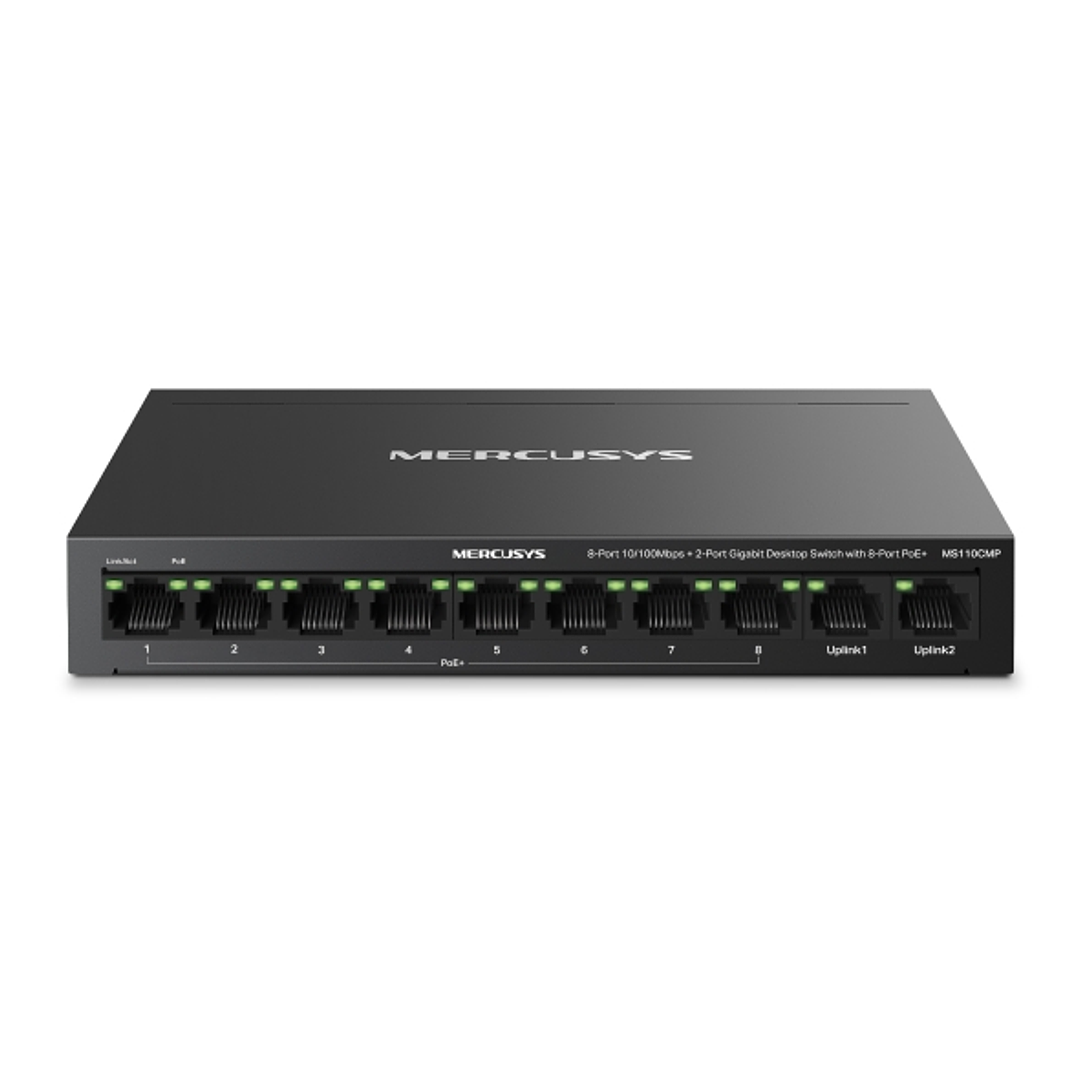 Mercusys MS110CMP Swtich 10 Puertos RJ45 - 8 Puertos 10/100Mbps PoE+ - 2 Puertos Gigabit - Hasta 250 Metros de Alcance - Color Negro 1