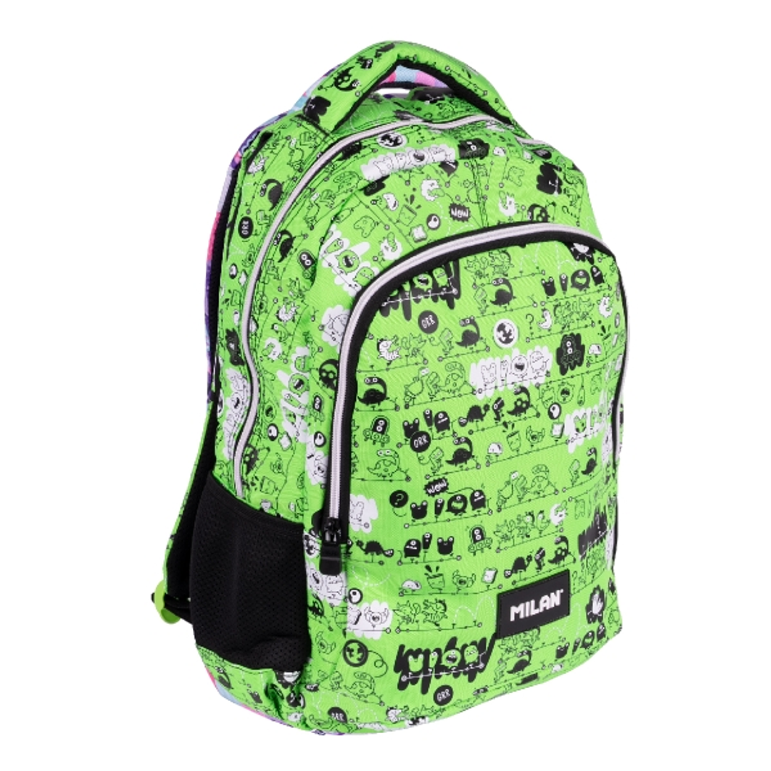 Milan Tandem 2 Mochila Escolar 21L - Bolsillos Laterales de Malla - Compartimento Interior para Portatil - 2 Cremalleras - 45x30x12cm - Color Verde 1