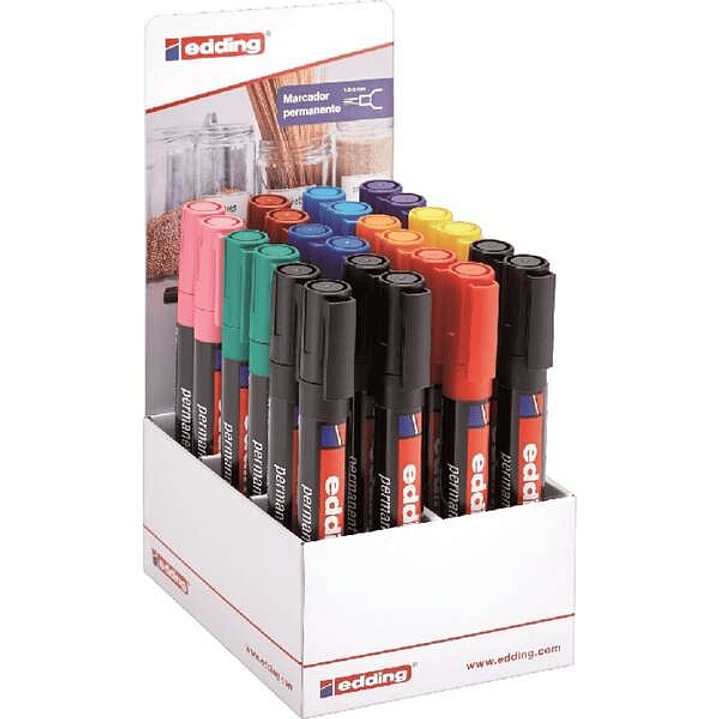 Edding 300 Expositor de 24 Rotuladores Permanentes - Punta Redonda - Trazo entre 1.5 y 3mm - Tinta Casi Inodora - Capuchon con Clip - Secado Rapido -  1