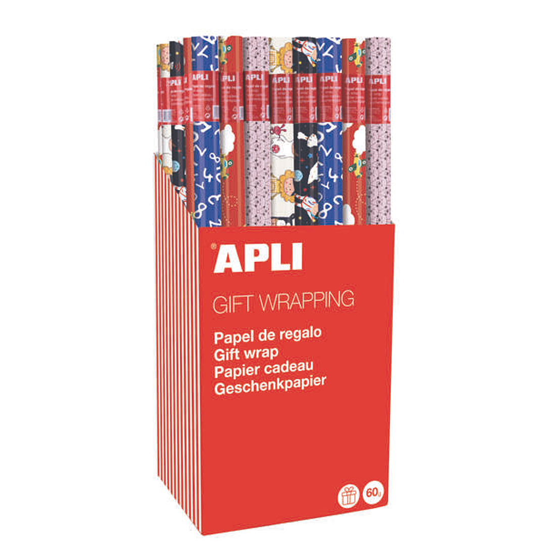 Apli Expositor de 55 Rollos de Papel Regalo Infantil - 11 Rollos por Color - Medidas del Rollo 0.70x2m - 5 Diseños 1