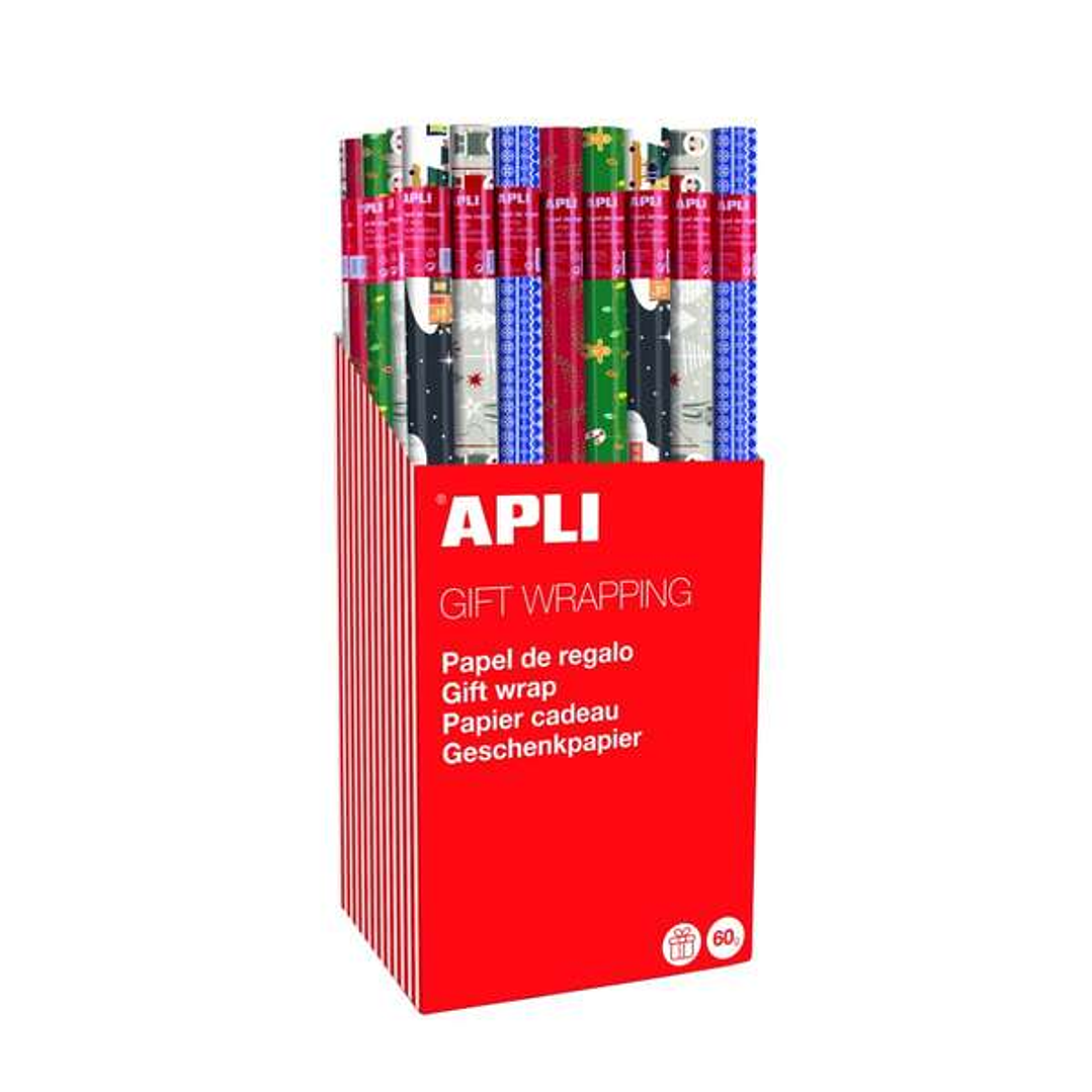 Apli Expositor de 55 Rollos de Papel Regalo Navidad - 11 Rollos por Color - Medidas del Rollo 0.70x2m - 5 Diseños 1