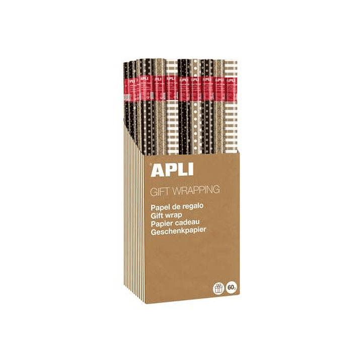 Apli Expositor de 55 Rollos de Papel Regalo Kraft Black & White - 11 Rollos por Color - Medidas del Rollo 0.70x2m - 5 Diseños 1