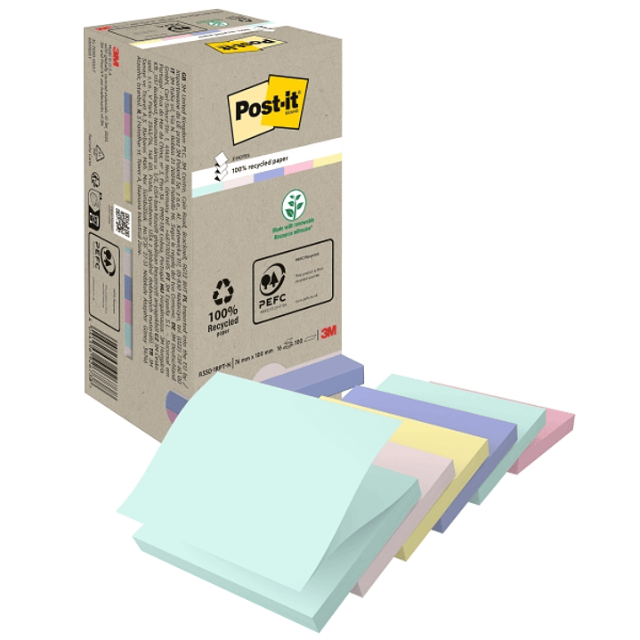 Post-It Pack de 16 Blocs de 100 Z-Notas Adhesivas Recicladas - Forma Cuadrada - 76x76mm - Colores Surtidos 1
