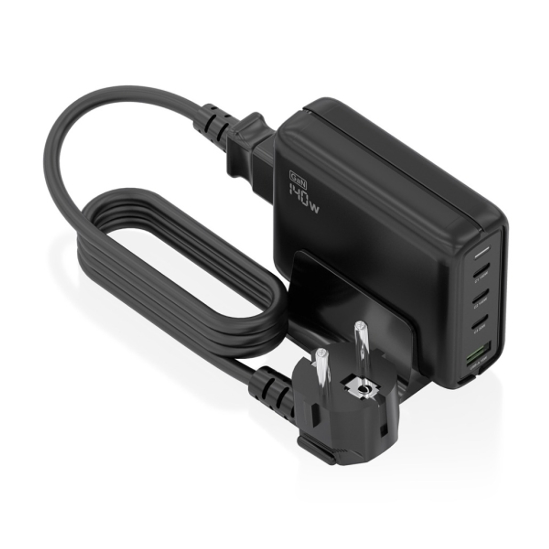 Aisens Cargador GAN 140W - 3xUSB-C PD3.0, QC4.0, QC5.0 - 1xUSB-A QC3.0 - Cable 1.4 Metros - Color Negro 1