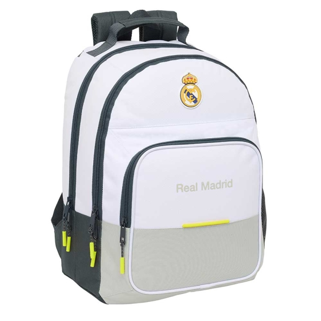 Safta Real Madrid Mochila Escolar de 21.5L - Adaptable a Carro - 3 Compartimentos - Portabotellas - 32x42x16cm - Color Blanco y Negro 1