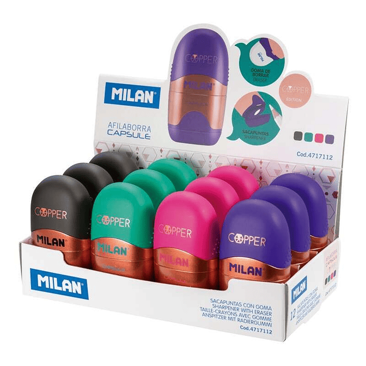 Milan Capsule Copper Expositor de 12 Afilaborras - Cuchilla de Acero - Goma de Borrar - Cuchilla de seguridad - Colores Surtidos 1