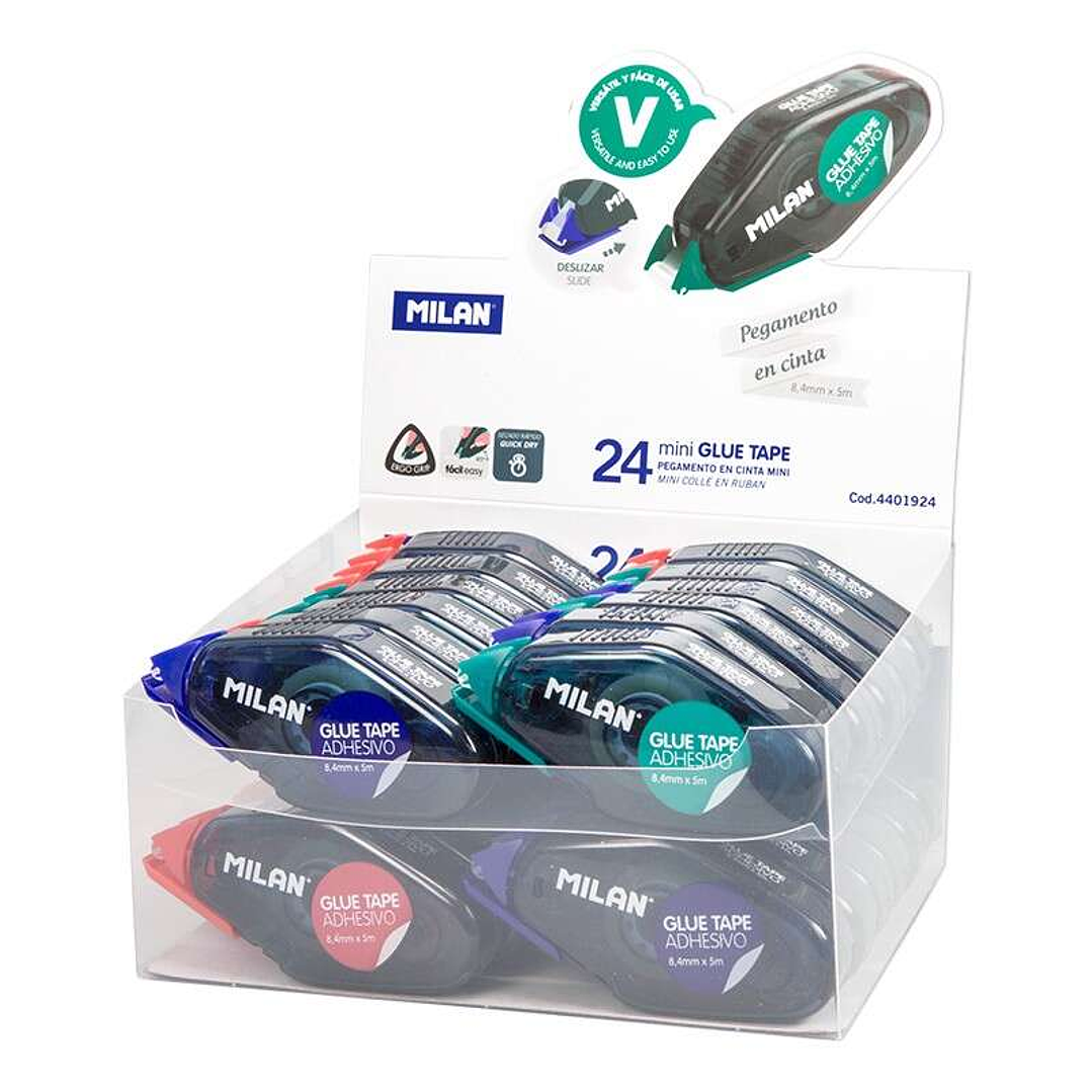 Milan Expositor de 24 Cintas de Pegamento Compacto 8,4mm x 5m - Diseño Ergonomico - Secado Rapido - Colores Surtidos 1