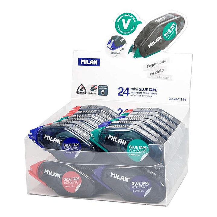 Milan Expositor de 24 Cintas de Pegamento Compacto 8,4mm x 5m - Diseño Ergonomico - Secado Rapido - Colores Surtidos 1