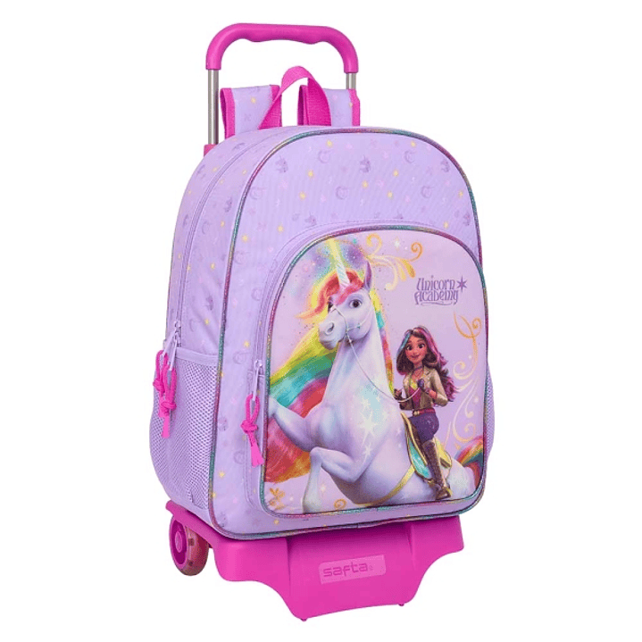 Safta Unicorn Academy Mochila con Carro - Portabotellas - Tirador Doble - Hombreras Ergonomicas - Mochila Extraible - Ruedas de Goma - 21L - 330x140x4 1