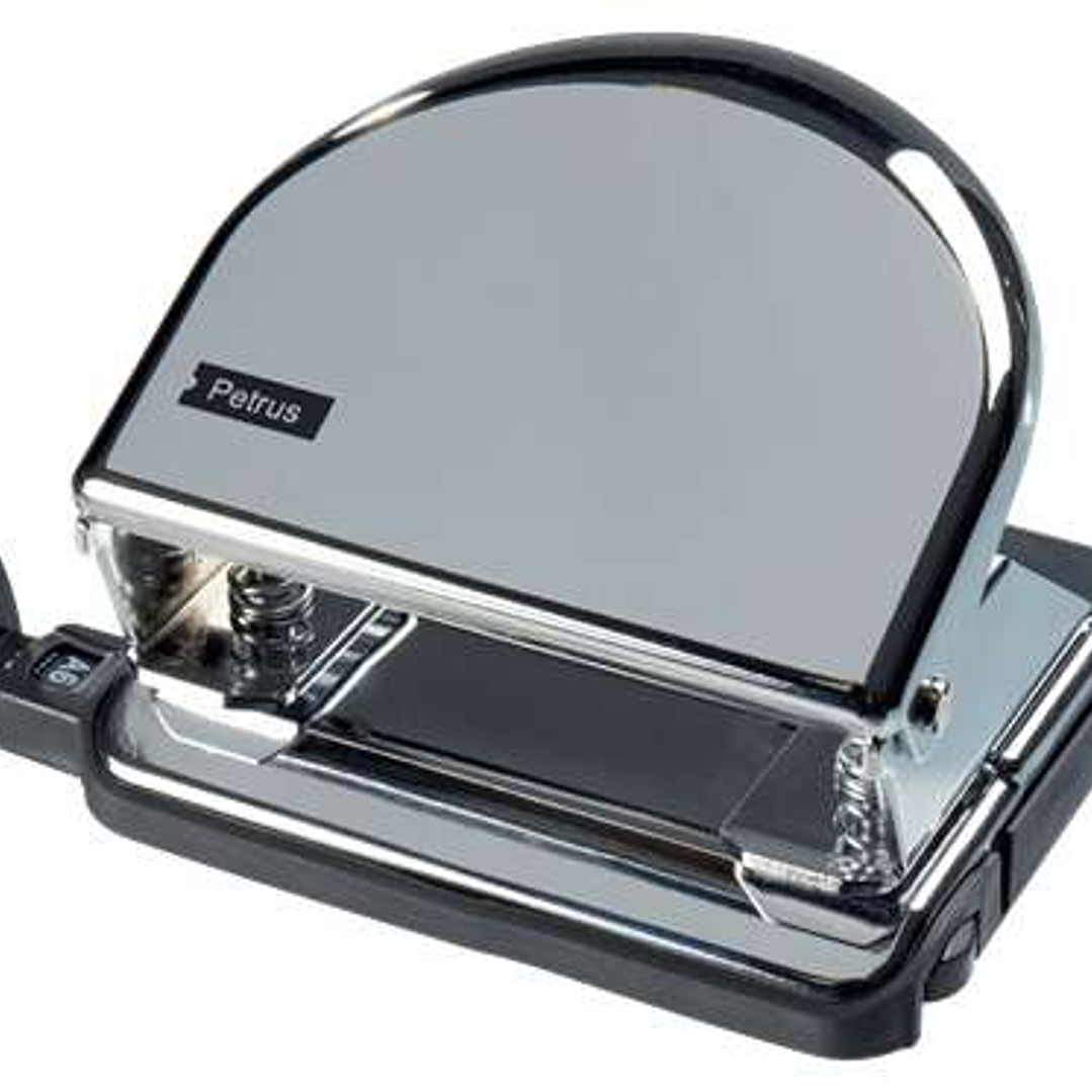 Petrus 52C Taladro Perforador Metalico - Hasta 20 Hojas - Marcas de Formato - Vaciado Facil - Punzones 5.5mm - Color Cromado 1