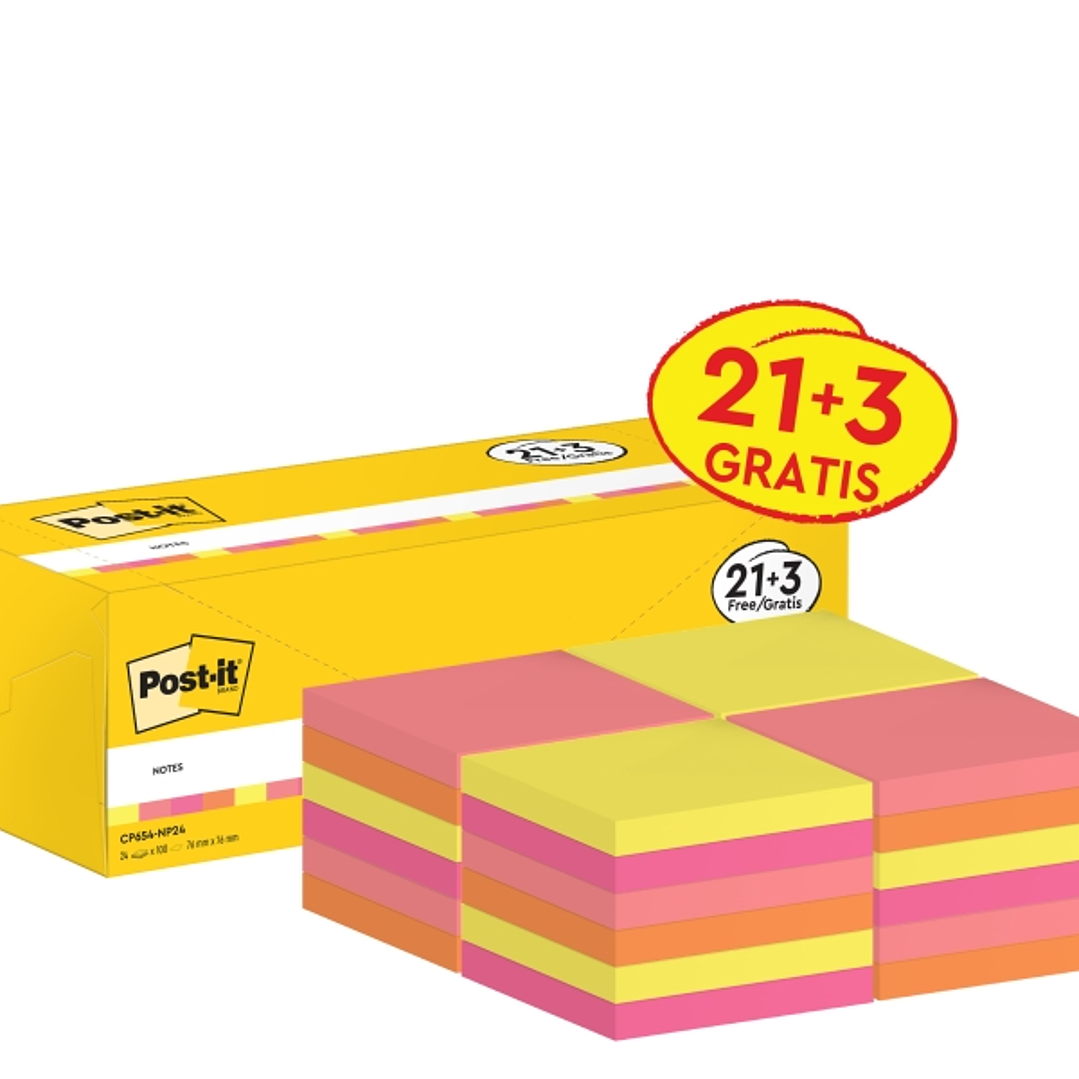 Post-It Pack de 24 Blocs de 100 Notas Adhesivas Reposicionables - Forma Cuadrada - 76x76mm - Colores Surtidos 1