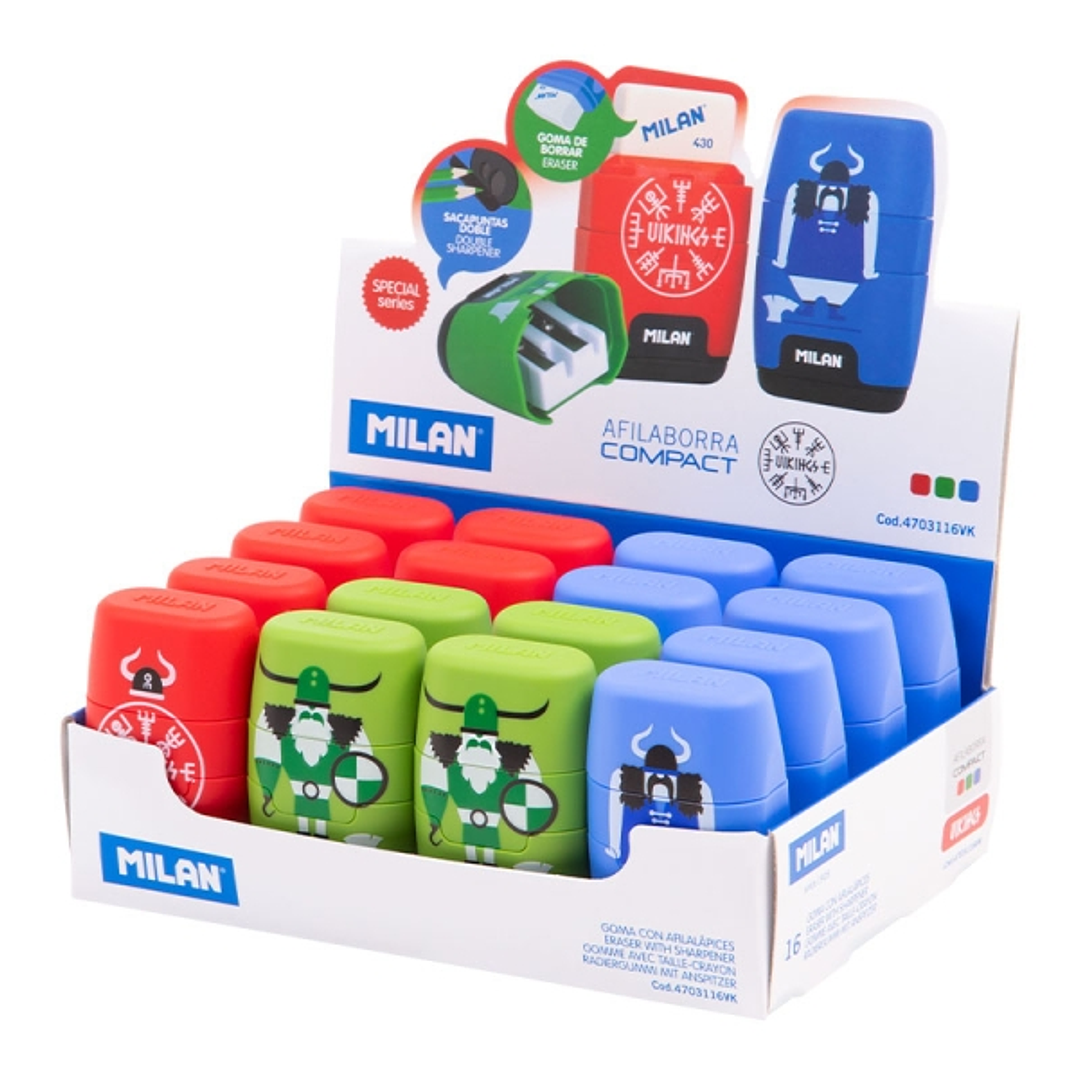 Milan Compact Vikings Expositor con 16 Afilaborras - Goma Miga de Pan - Regular y Maxi - Deposito Integrado - Cuchilla de Acero de Seguridad - Color R 1