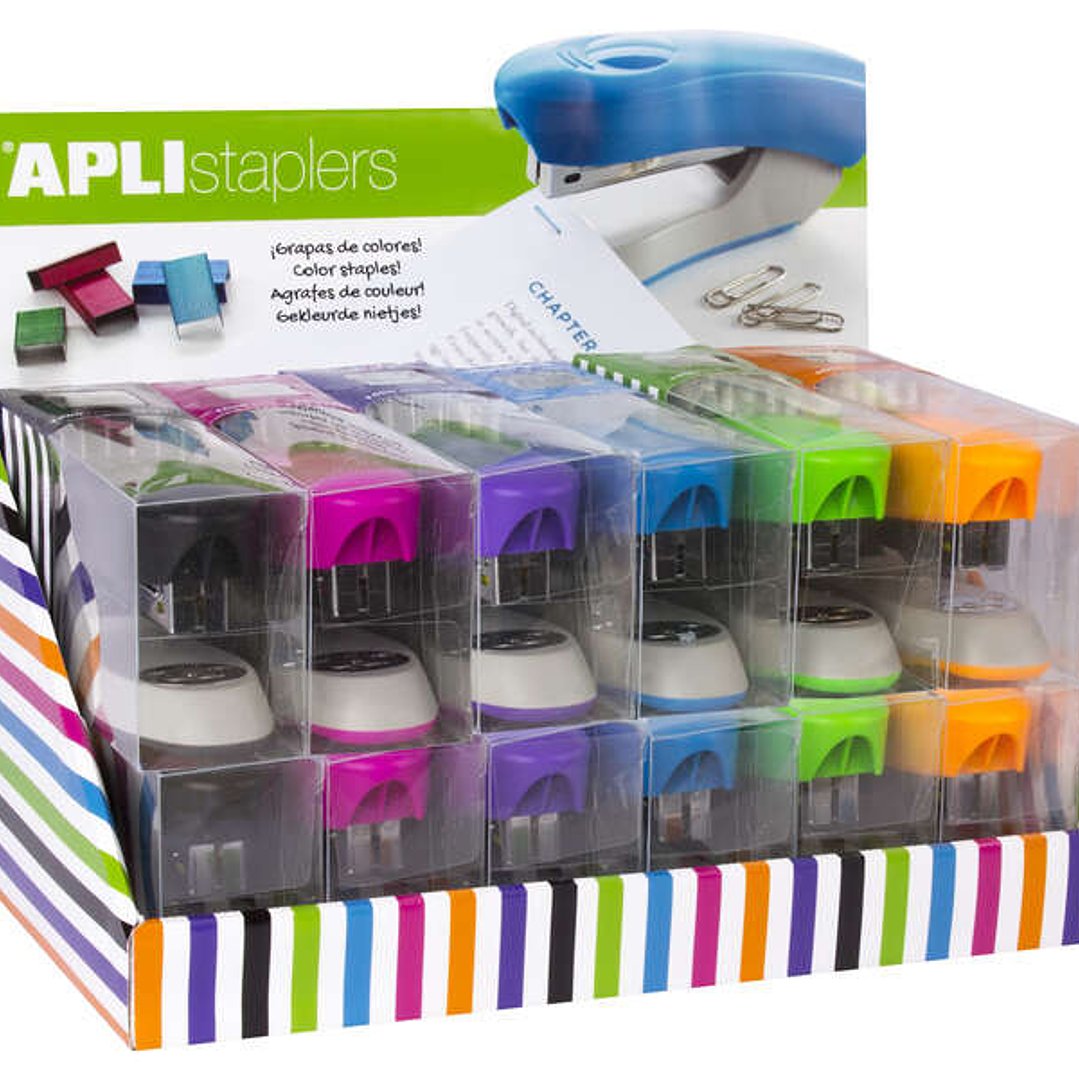 Apli Expositor de Grapadoras Office - Tamaño de Grapas Nº22/6-24/6 - 12 Unidades en Colores Surtidos - Incluye 2000 Grapas por Grapadora 1