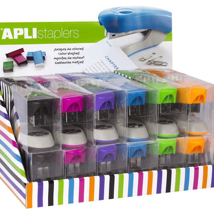 Apli Expositor de Grapadoras Office - Tamaño de Grapas Nº22/6-24/6 - 12 Unidades en Colores Surtidos - Incluye 2000 Grapas por Grapadora 1