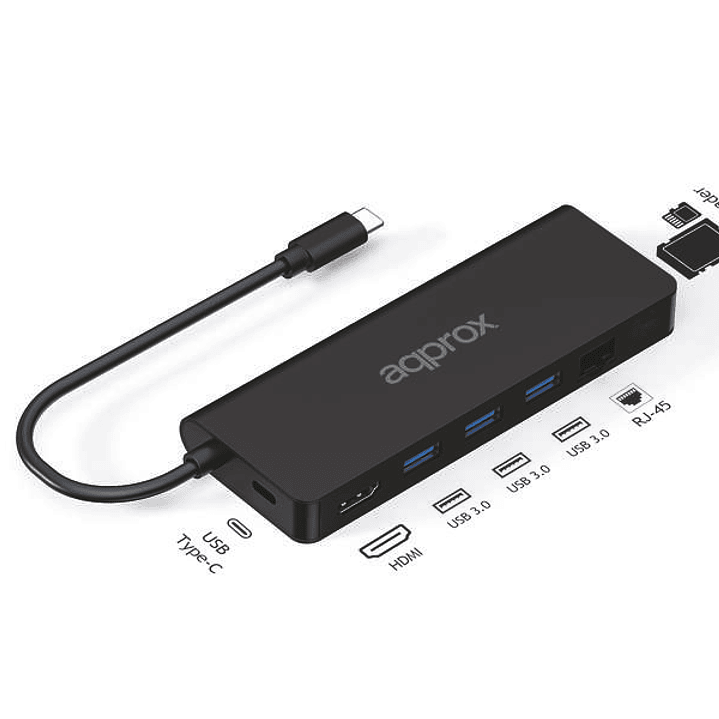 Approx 8 en 1 Hub USB-C con 3x USB-A 3.0 - 1x HDMI - 1x RJ-45 - 1x USB-C PD - Lector microSD y Lector SD - Cable de 18cm 1