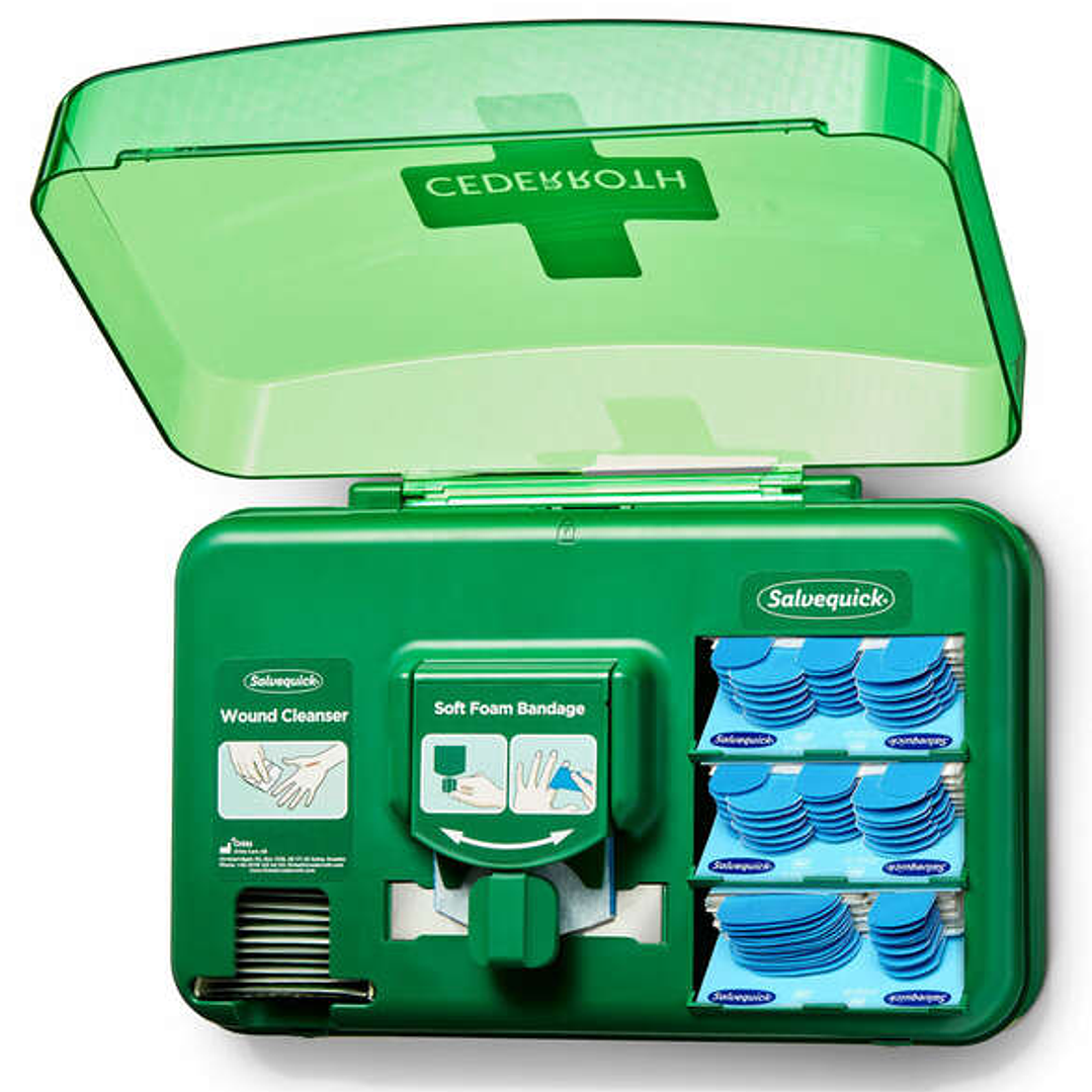 Cederroth Dispensador para el Cuidado de Heridas - Incluye diferentes Tamaños de Apositos Color Azul, Toallitas para Heridas y Venda Autoadherente 1