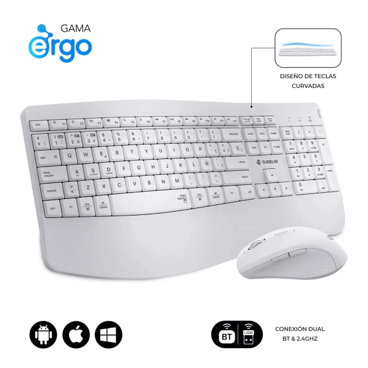 Subblim Dual Office Prowave White Pack de Teclado Ergonomico + Raton 3200dpi Inalambricos Bluetooth 5.3 y Receptor USB - Bateria Recargable - Color Bl 1