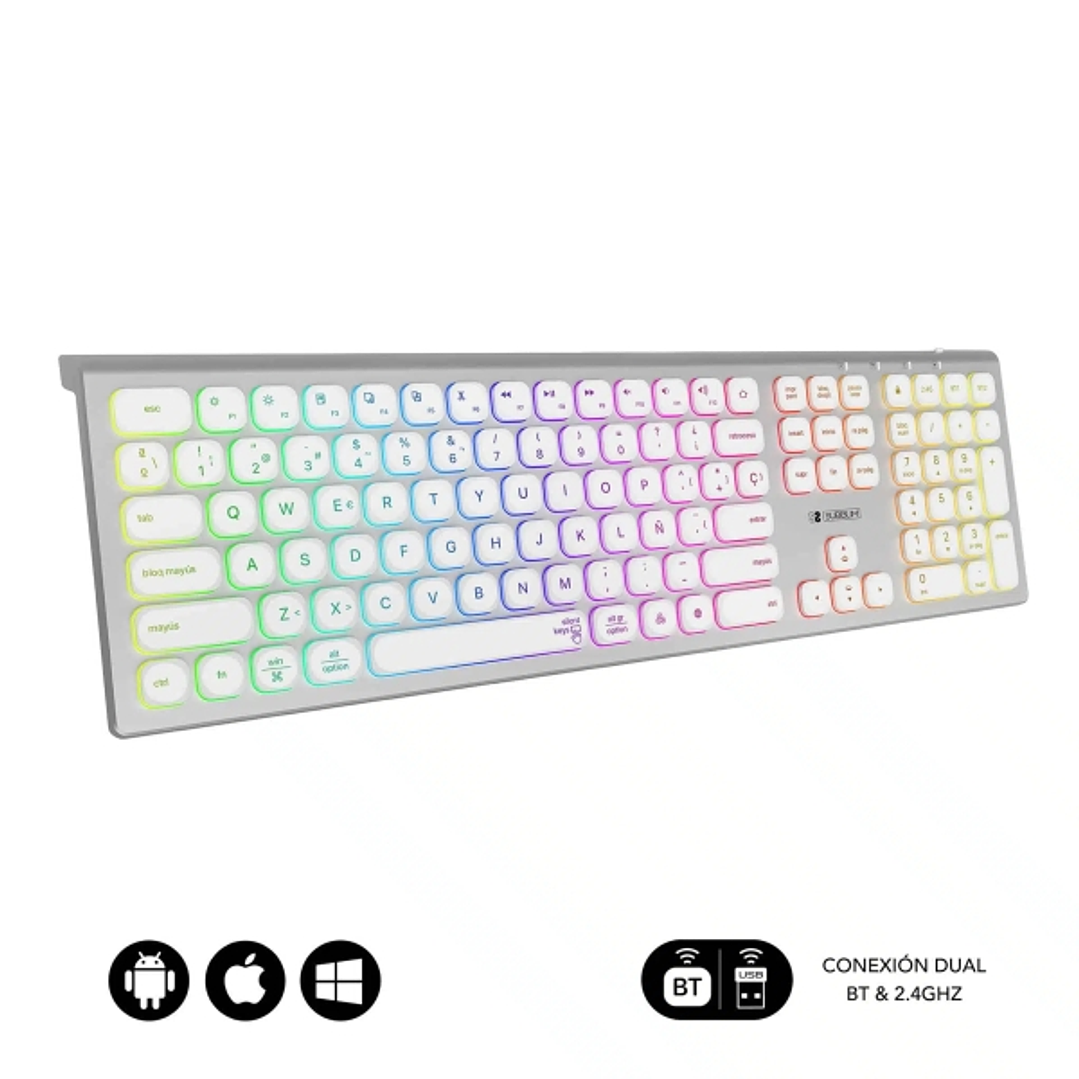 Subblim Teclado Inalambrico Master - Bluetooth y 2.4G - Iluminado - Teclas Ergonomicas de Bajo Perfil - Color Blanco Plata 1