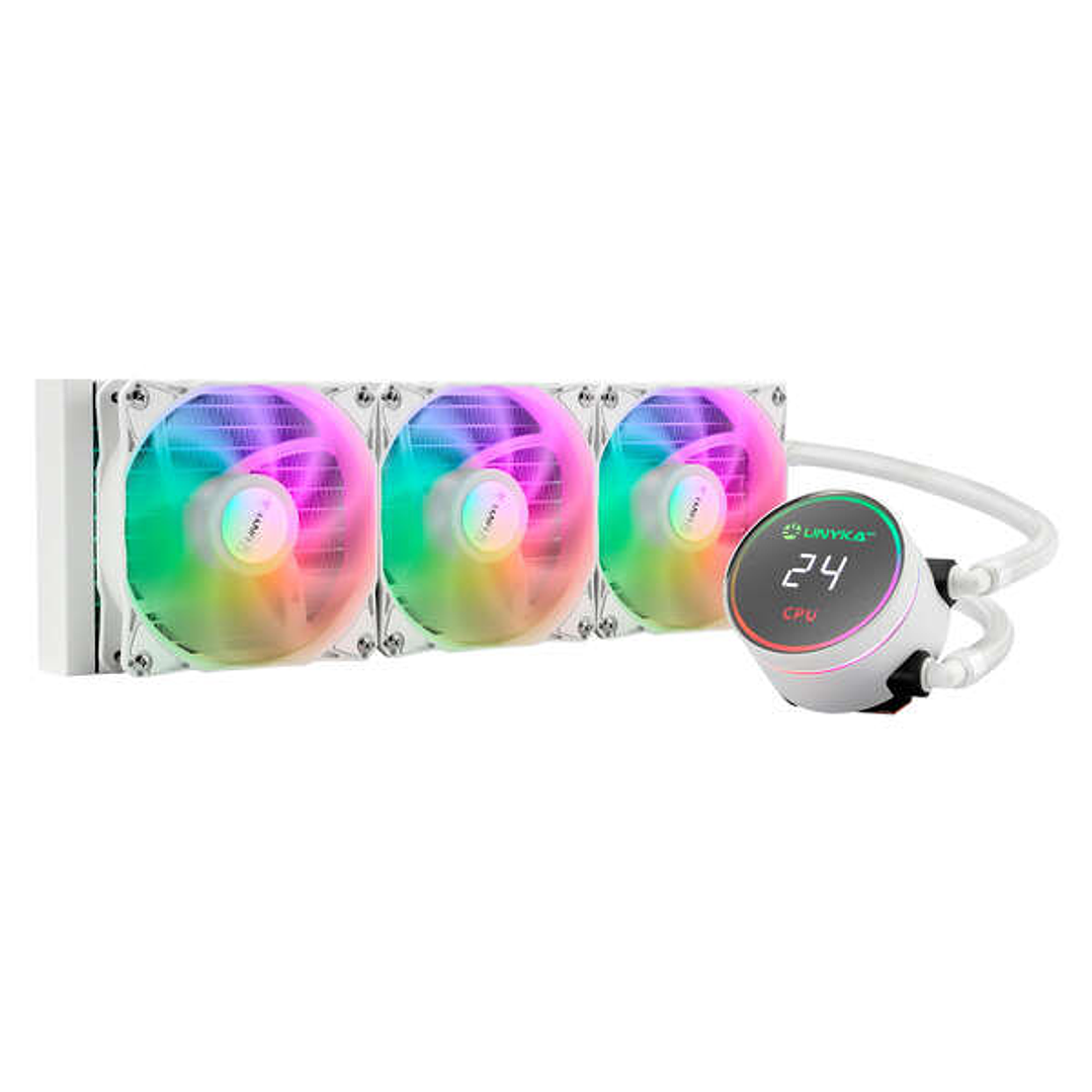 Unykach AquaStorm White 360 Refrigeracion Liquida - 3 Ventiladores 1800 RPM - Bomba con Alcance 2500 RPM - Display que Muestra la Temperatura 1