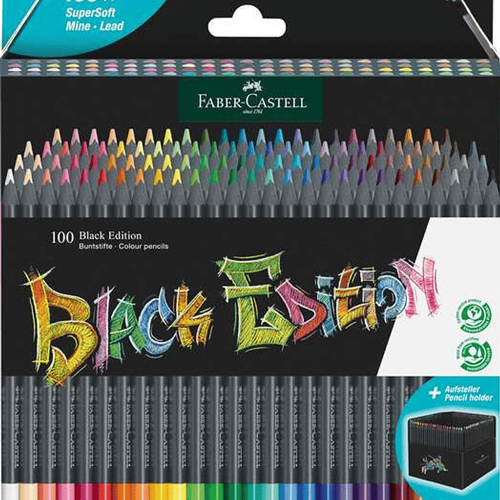 Faber-Castell Black Edition Pack de 100 Lapices de Colores - Mina Supersuave - Madera Negra - Ideales para Dibujo sobre Papel Claro, Oscuro y de Color 1