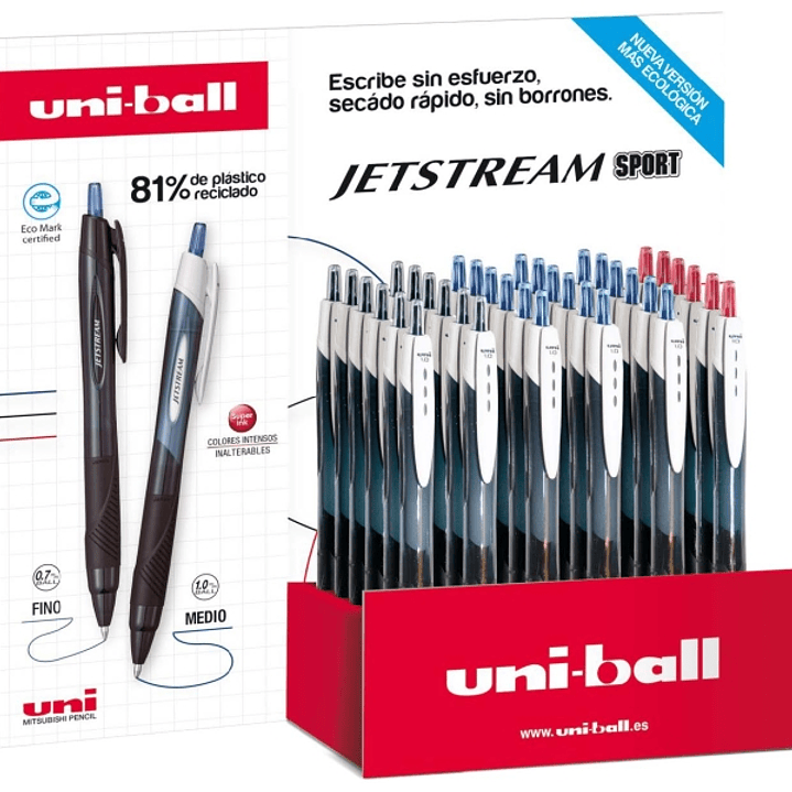 Uni-ball JetStream Sport SXN-150E Expositor con 36 Boligrafos de Tinta Pigmentada - Punta de Bola 1mm - Retractil - Secado Instantaneo - Ideal para Zu 1
