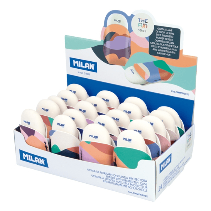 Milan The Fun 1012 Expositor con 24 Gomas de Borrar con Funda - Miga de Pan - Caucho Sintetico - Ovaladas - Colores Surtidos 1