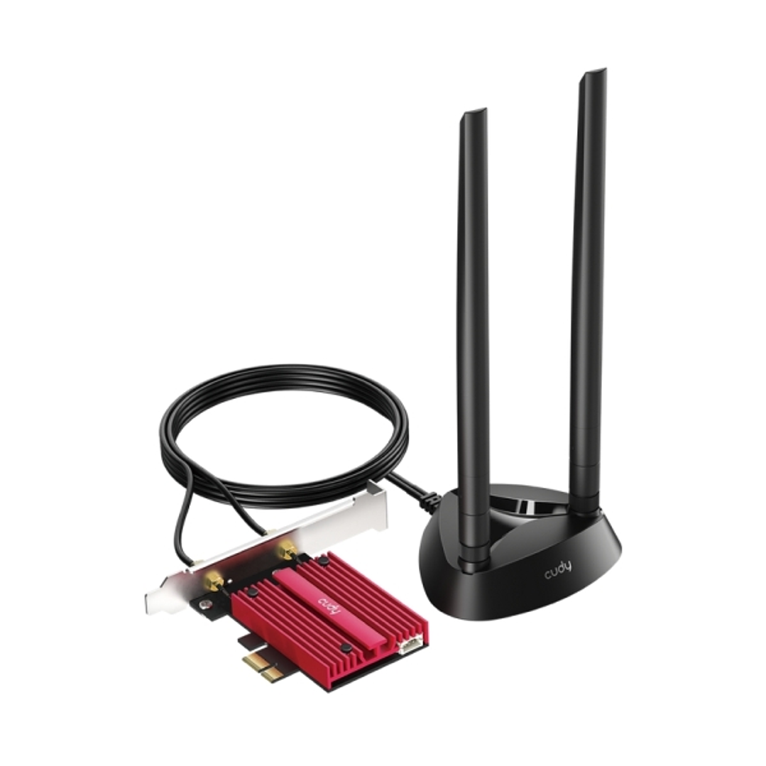 Cudy Adaptador de Red PCIe Tribanda WiFi 7 BE9300 - Bluetooth 5.4 - Disipador Termico - Base de Antena Magnetizada - Color Negro/Rojo 1
