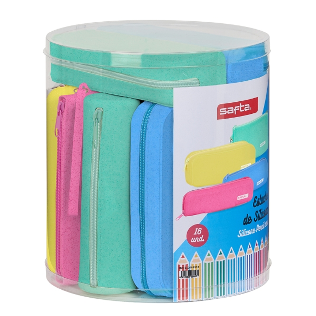 Safta Silicone Glitter Pack de 16 Estuches - Silicona con Purpurina - Caja Cilindrica de PVC Transparente - Variedad de Modelos - Flexible - Facil de  1