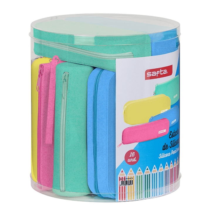 Safta Silicone Glitter Pack de 16 Estuches - Silicona con Purpurina - Caja Cilindrica de PVC Transparente - Variedad de Modelos - Flexible - Facil de  1