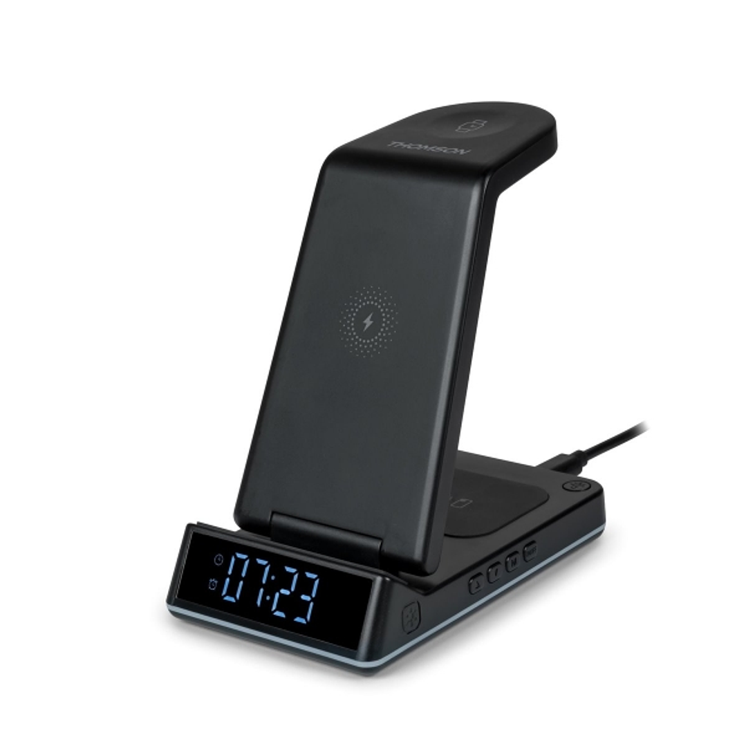 Thomson Reloj Despertador con Estacion de Carga Inalambrica para Smartphone, iWatch y Auriculares - Pantalla LCD - Luz de Noche - Color Negro 1
