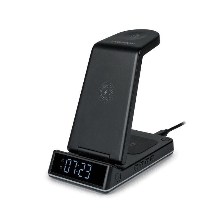 Thomson Reloj Despertador con Estacion de Carga Inalambrica para Smartphone, iWatch y Auriculares - Pantalla LCD - Luz de Noche - Color Negro 1