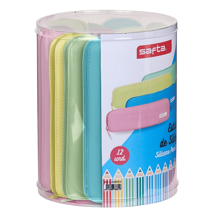 Safta Pack de 12 Estuches - Silicona de Alta Calidad - Caja Cilindrica de PVC Transparente - Flexible - Facil de Limpiar - 170x210mm - Colores Surtido 1