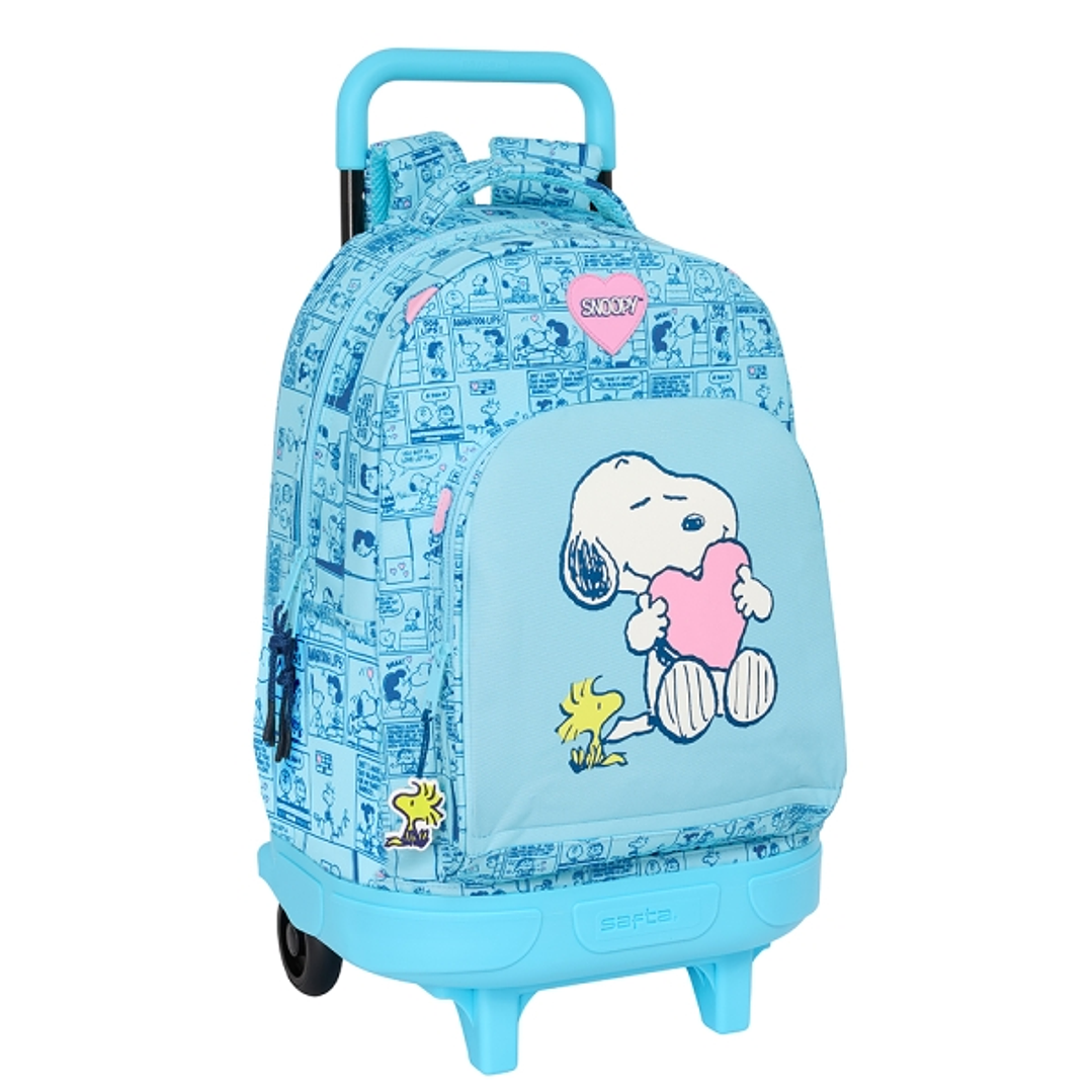 Safta Snoopy Love Mochila con Carro Integrado - Extraible para Facilitar su Limpieza - Base Reforzada - Asa Extraible - 33x45x22cm - Color Azul Claro 1