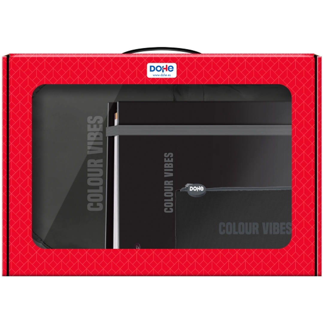 Dohe Colour Vibes Pack de Mochila + Carpeta A4 Recambio + Portatodo Triple - Todo en un Maletin Perfecto para Regalo - Color Negro 1