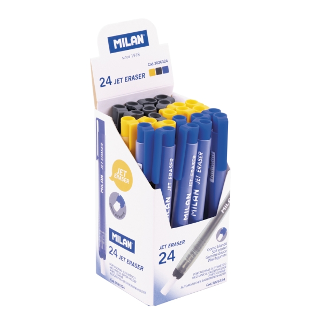 Milan Jet Eraser Expositor con 24 Portagomas Automaticos - Redondo - Colores Surtidos 1