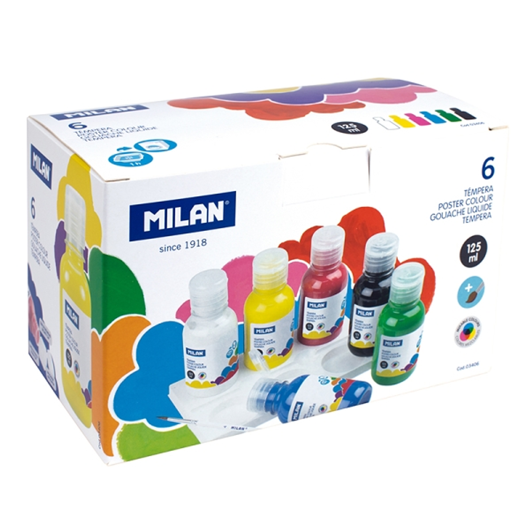 Milan Pack de 6 Botellas de Tempera - 125ml por Unidad - Incluye Pincel - Mezclable - Secado Rapido - Colores Surtidos 1