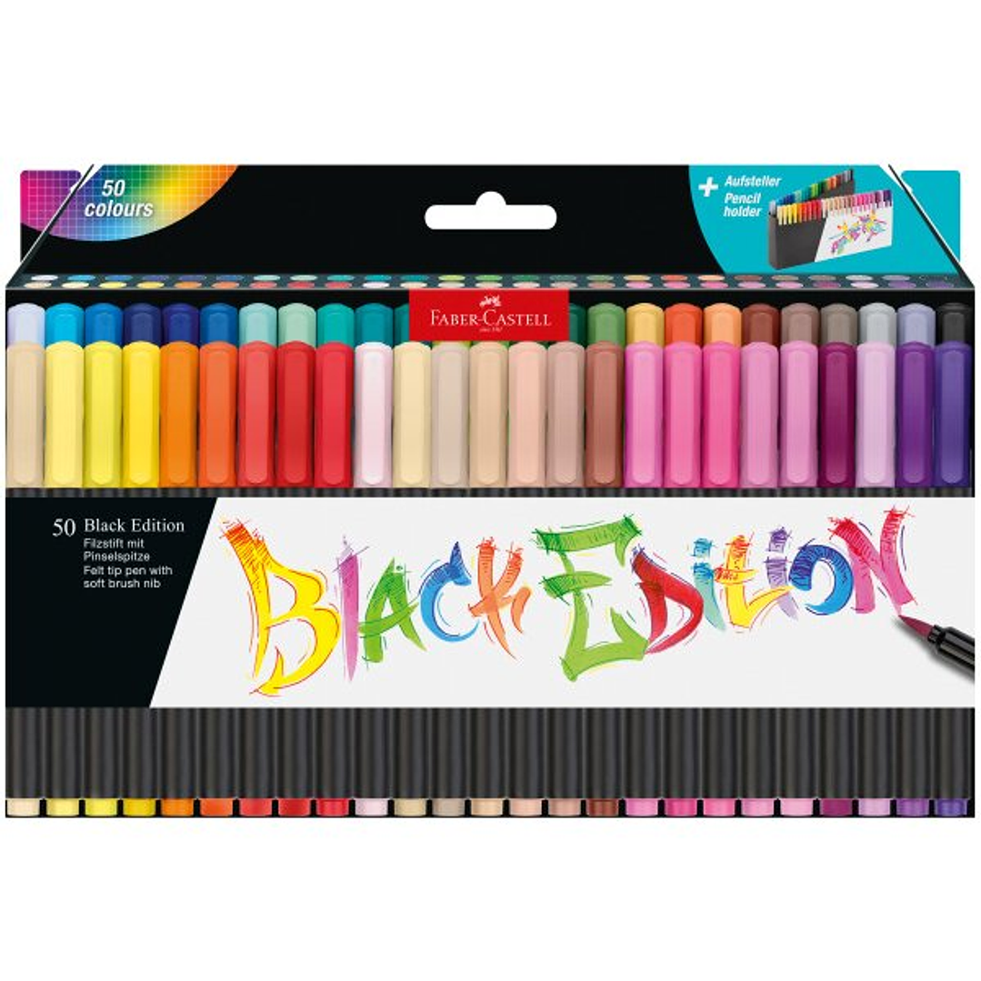 Faber-Castell Black Edition Pack de 50 Rotuladores Punta Pincel - Tinta a Base de Colorantes Alimentarios - Colores Surtidos 1
