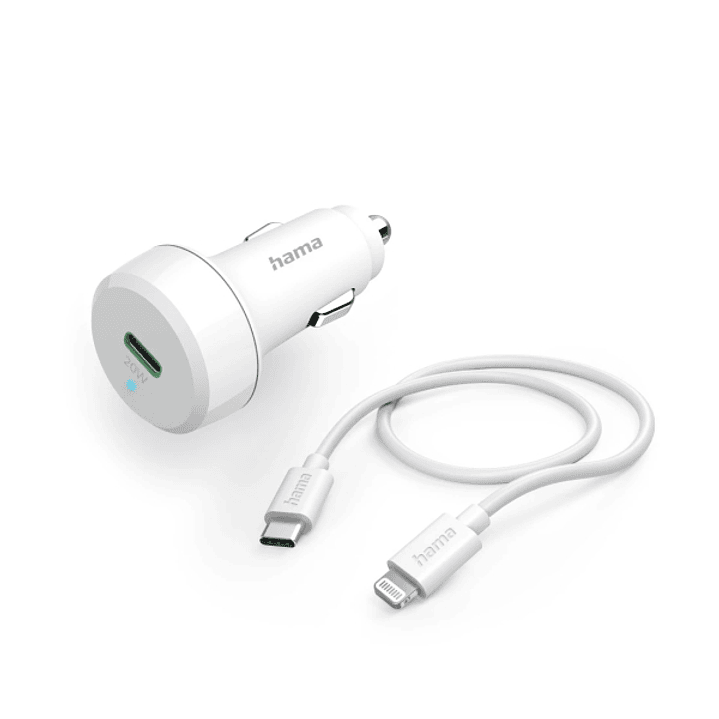 Hama Cargador de Coche 20W - Cable Lightning de 1m - Pantalla LED - Power Delivery - Color Blanco 1