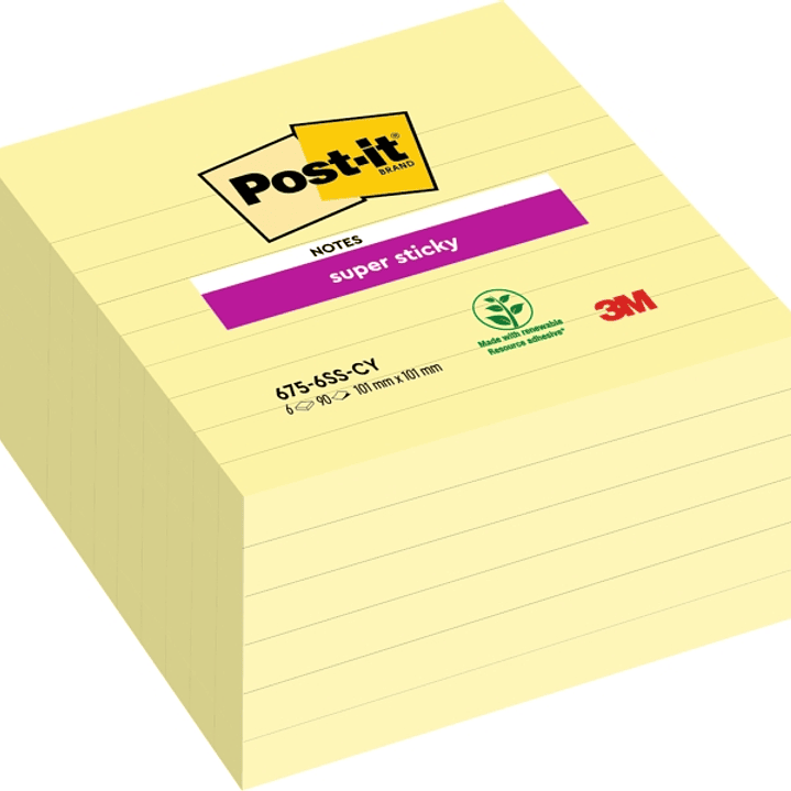 Post-It Super Sticky Pack de 6 Blocs de 90 Notas Grandes Adhesivas Reposicionables - 101x101mm - Color Amarillo Claro 1