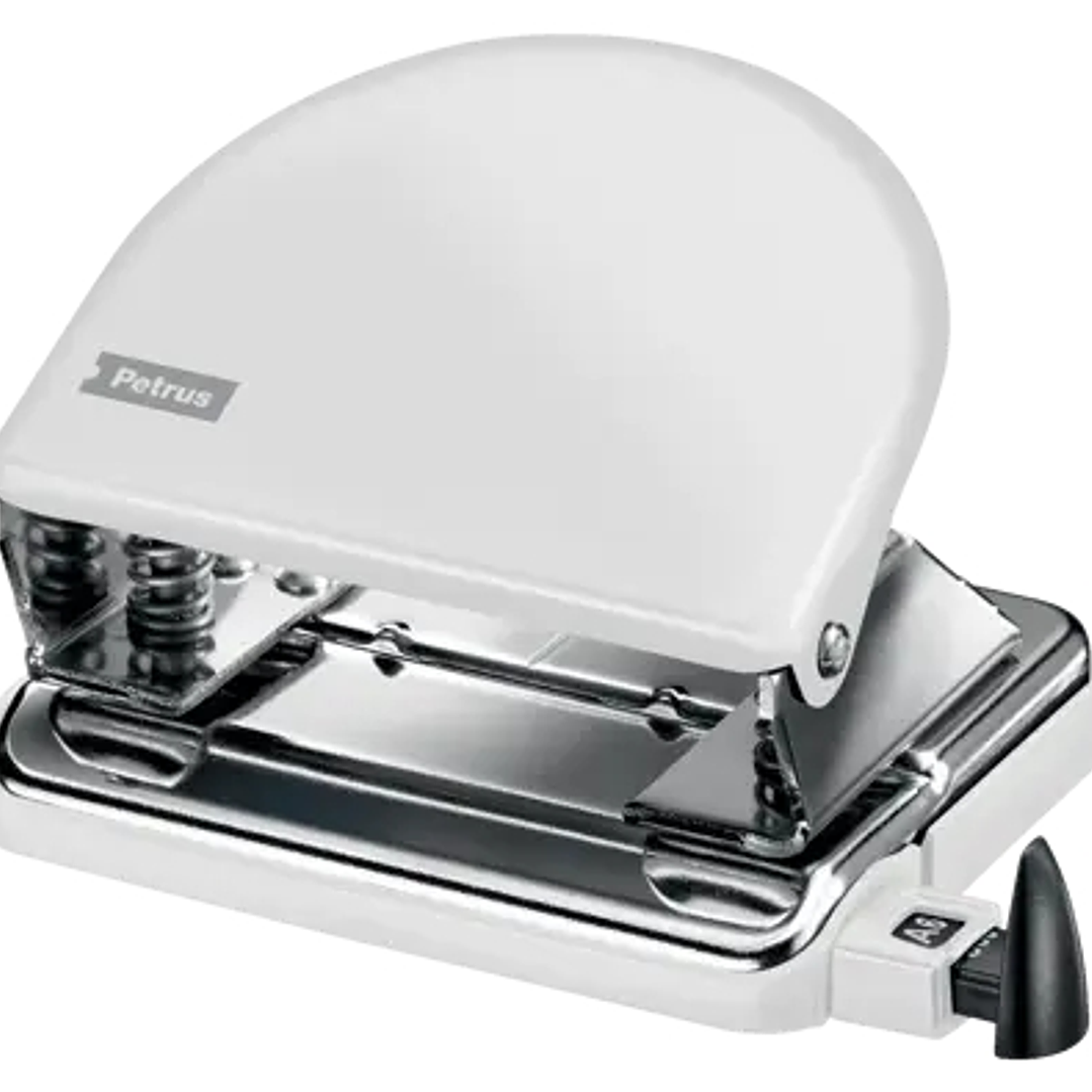 Petrus 52 WOW Taladro Perforador Clasico Metalico - Hasta 20 Hojas - Marcas de Formato - Facil Vaciado - Punzones 5.5mm - Color Blanco Metalizado 1