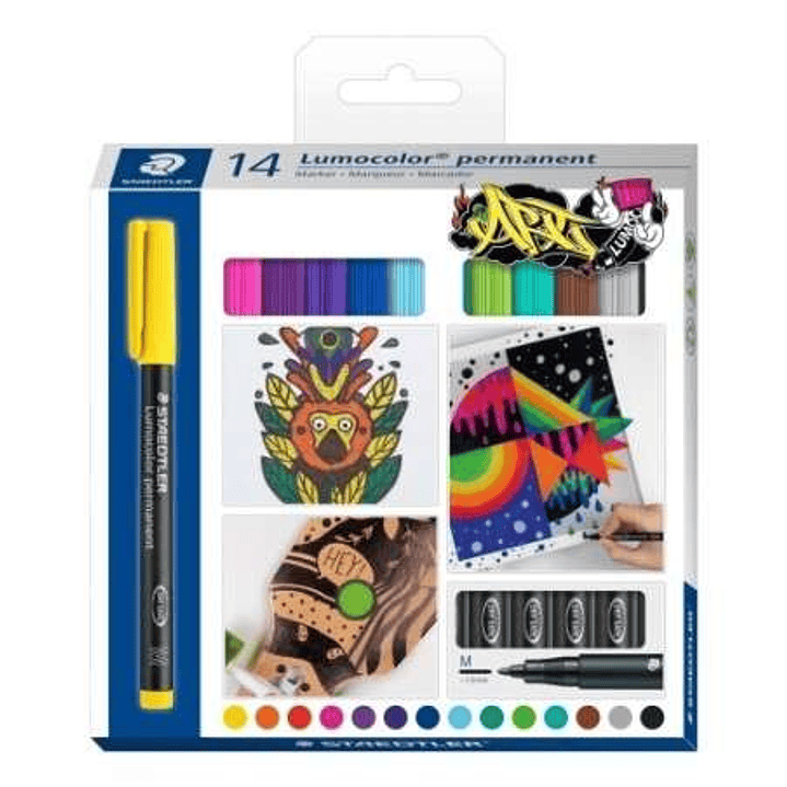 Staedtler Lumocolor 317 Pack de 14 Rotuladores Permanentes - Punta Media Redonda - Trazo 1mm Aprox - Capuchon con Clip - Secado Rapido - Colores Surti 1