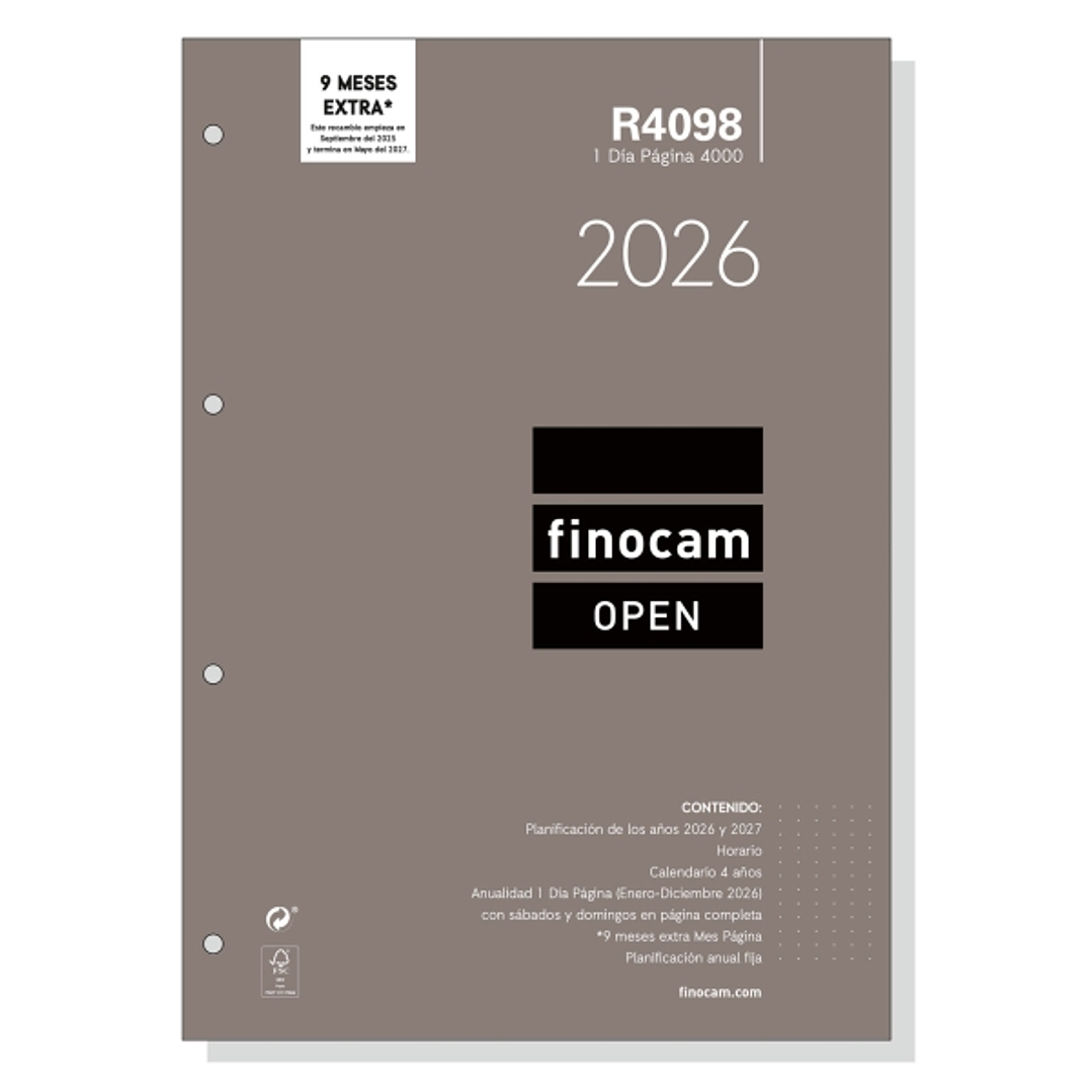 Finocam R4098 Recambio Anual 2026 para Agendas Open 2026 - Formato A4 - 210x17x297mm - 1 Dia por Pagina - Color Blanco 1