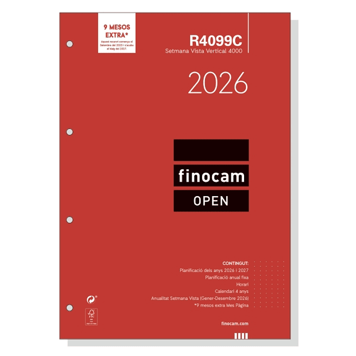 Finocam R4099C Recambio Anual 2026 para Agendas Open 2026 en Catalan - Formato A4 - 210x6x297mm - Semana Vista en Vertical - Color Blanco 1