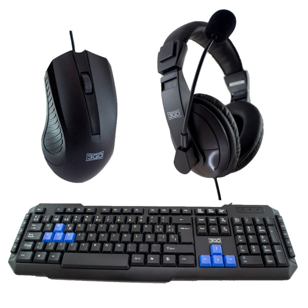 3Go Drile H2 Pack USB Teclado Multimedia + Raton 1000dpi 5 Botones + Auriculares con Microfono - Uso Ambidiestro - Color Negro 1